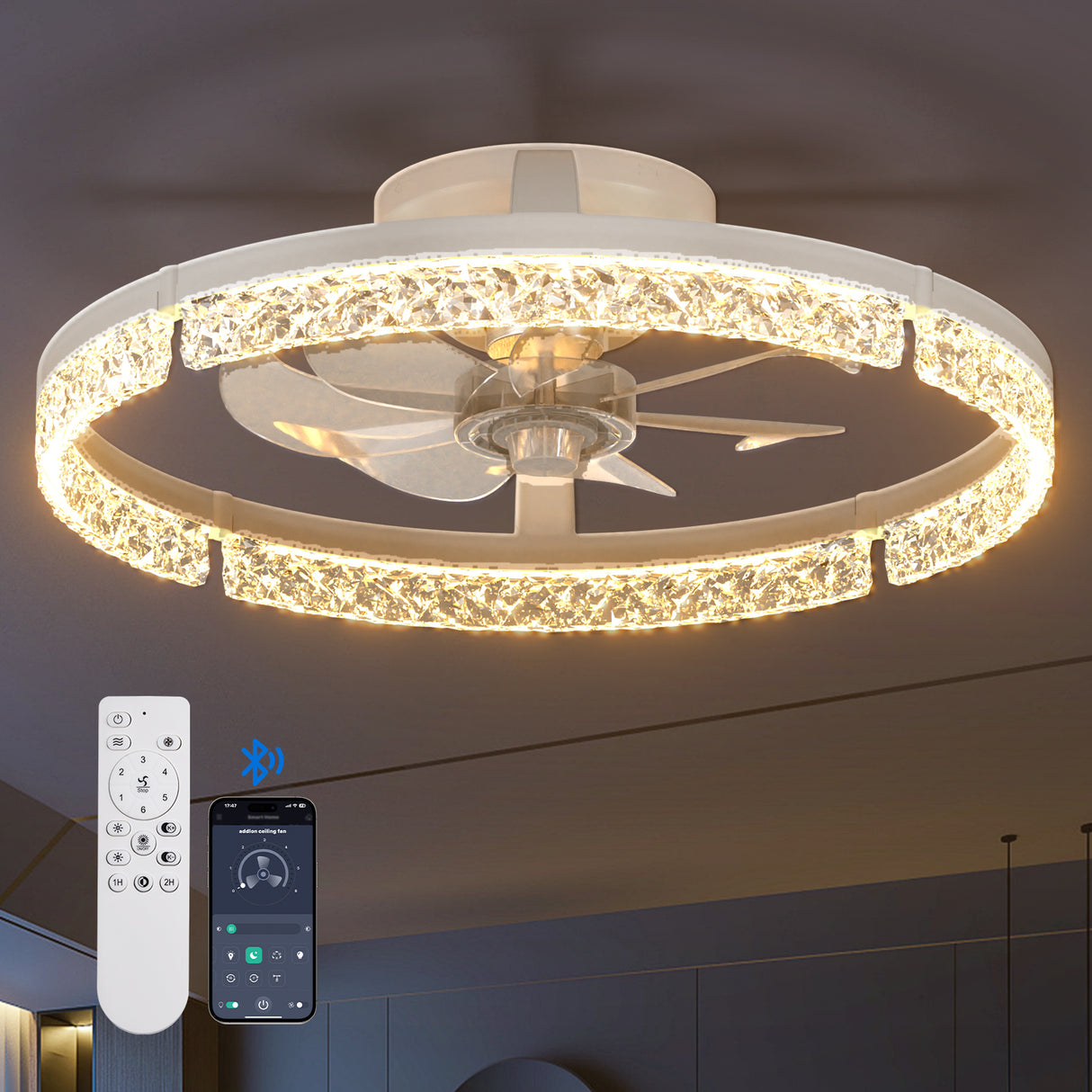 Ceiling Fans with Lights and Remote, 20'' Low Profile Ceiling Fans, 3000-6000K Dimmable Modern Flush Mount LED Fan Light, Fandelier Ceiling Fan for Bedroom, Kitchen, Living Room, White