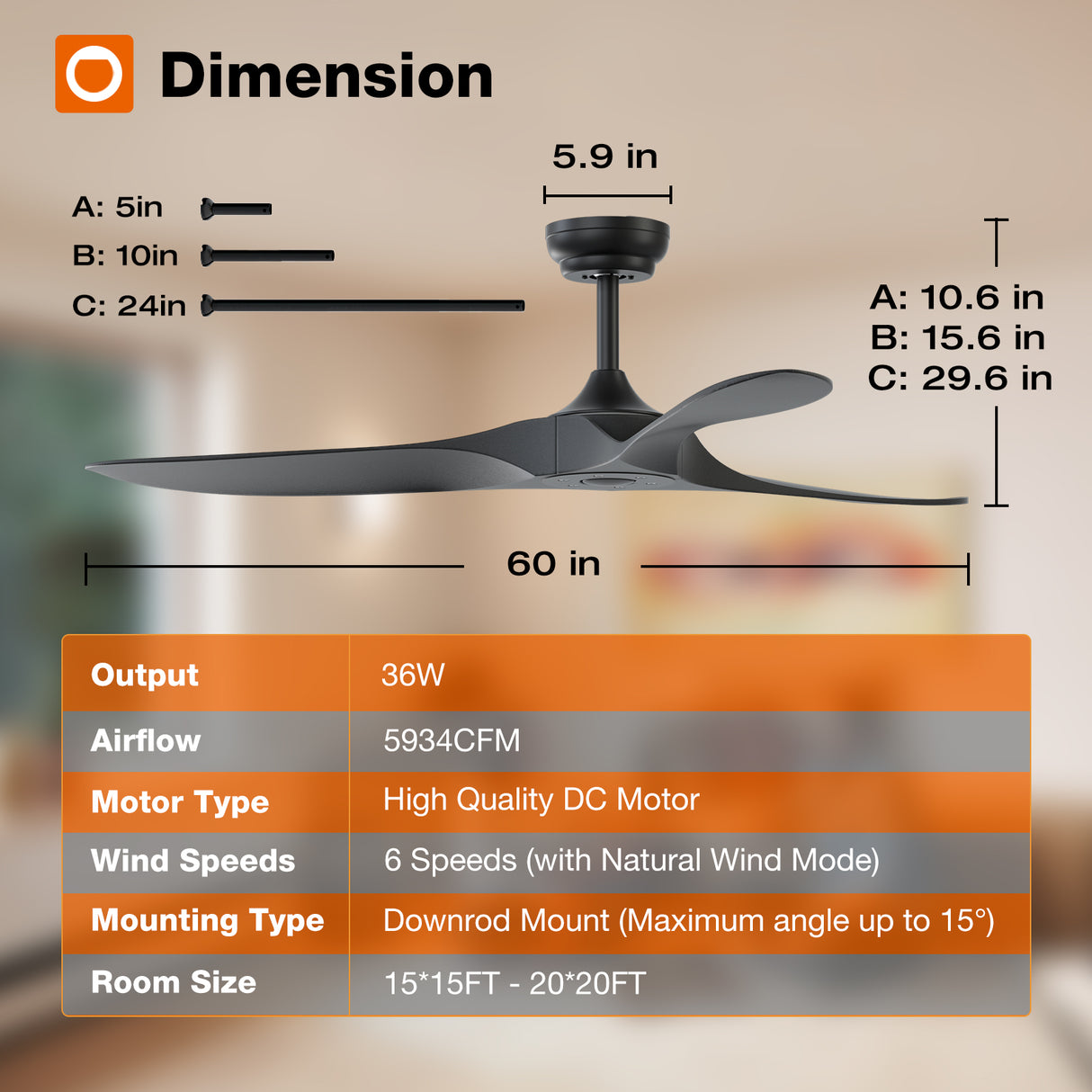 Addlon Outdoor Ceiling Fan, 60 inch White/Black Fan with Remote Control, 6 Speeds, Reversible DC Motor, Noiseless, Modern Ceiling Fans without Light for Patio,Gazebo, Bedroom, Balcony, Living Room