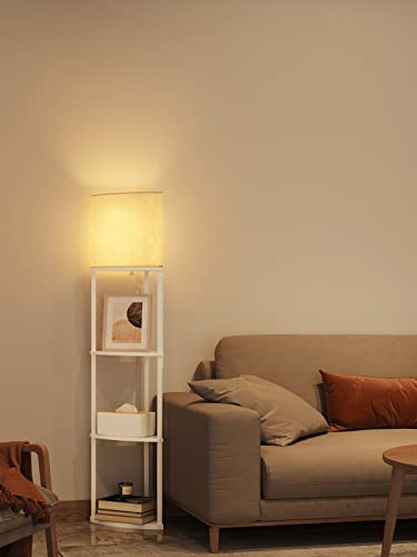 addlon 4-Tier Sector Corner Shelf Floor Lamp with 3 Color Temperatures LED Bulb and White Lamp Shade - Display Floor Lamps with Shelves for Living Room, Bedroom and Office - White